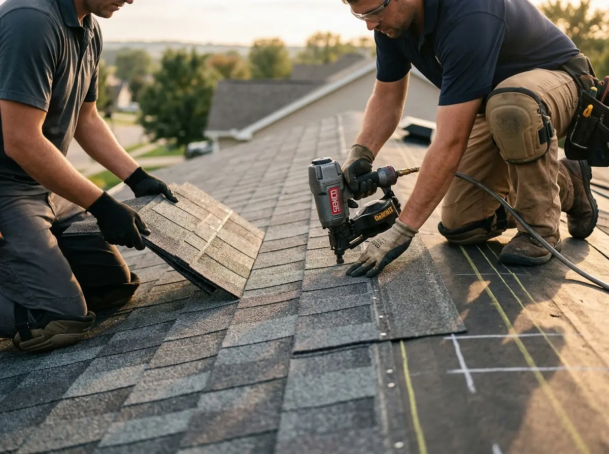 Professional roofer working on a residential roof in Elmwood